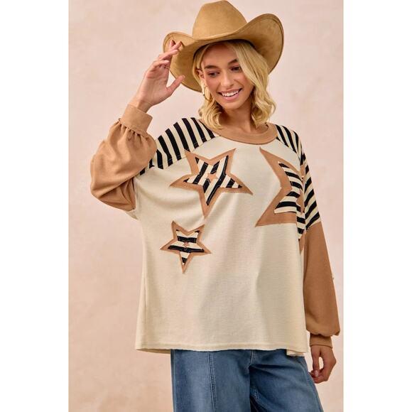 BiBi Star Patchwork Mixed Round Neck Long Sleeves Oversized Sweatshirt | Oatmeal - Picture 8 of 10
